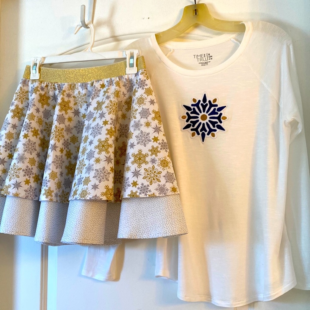 White & Gold Snowflake Circle Skirt & Shirt Set